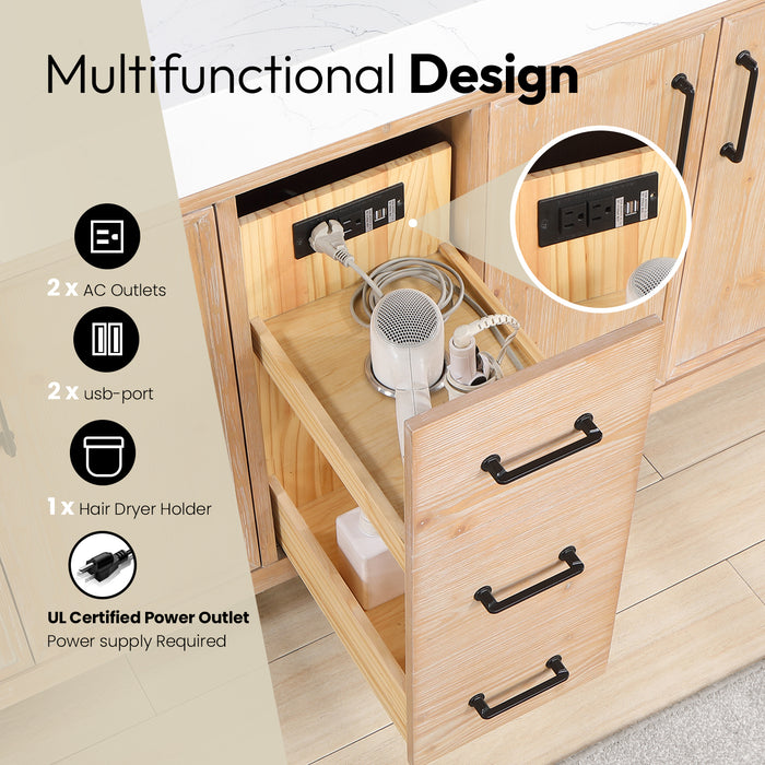 84 Inch Vortex Double Bathroom Vanity – Fir Wood Cabinet with Dual Sinks and Lightning White Composite Surface