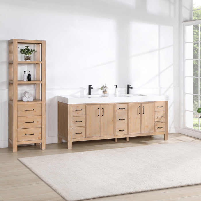 84 Inch Vortex Double Bathroom Vanity – Fir Wood Cabinet with Dual Sinks and Lightning White Composite Surface