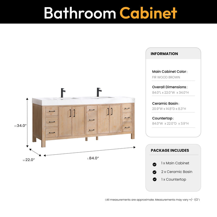 84 Inch Vortex Double Bathroom Vanity – Fir Wood Cabinet with Dual Sinks and Lightning White Composite Surface