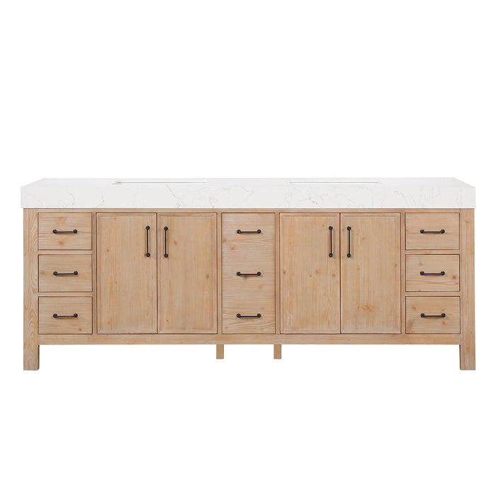 84 Inch Vortex Double Bathroom Vanity – Fir Wood Cabinet with Dual Sinks and Lightning White Composite Surface