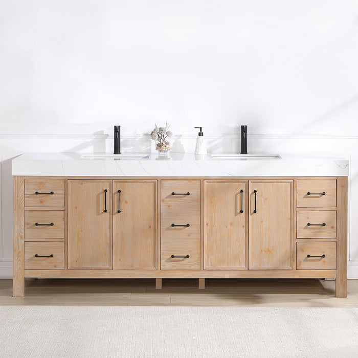 84 Inch Vortex Double Bathroom Vanity – Fir Wood Cabinet with Dual Sinks and Lightning White Composite Surface