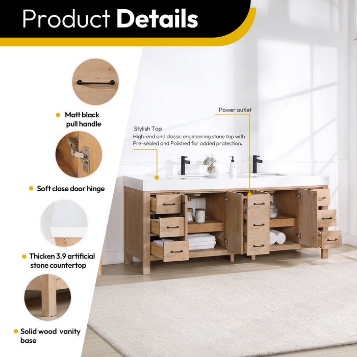 84 Inch Vortex Double Bathroom Vanity – Fir Wood Cabinet with Dual Sinks and Lightning White Composite Surface