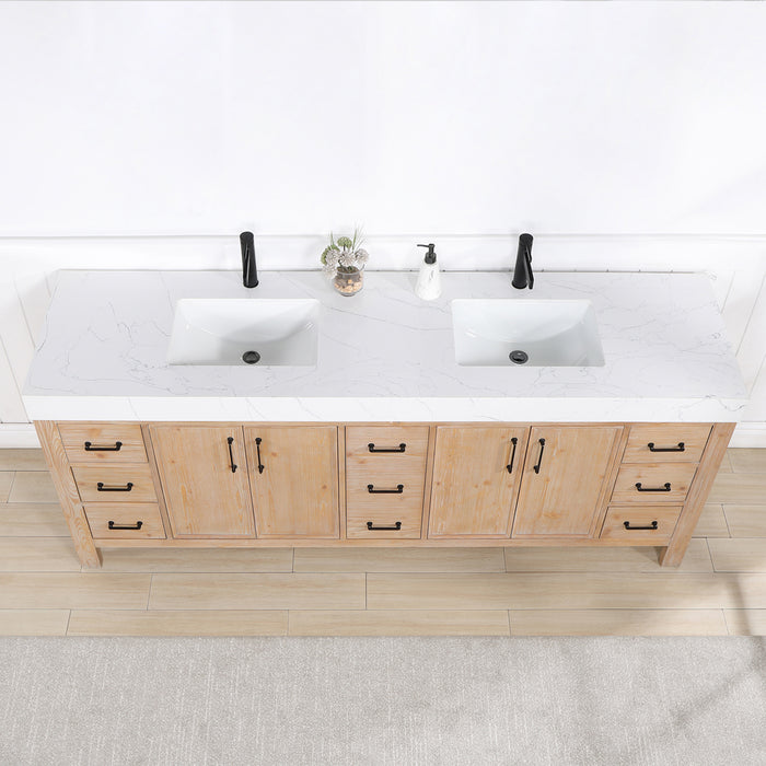 84 Inch Vortex Double Bathroom Vanity – Fir Wood Cabinet with Dual Sinks and Lightning White Composite Surface