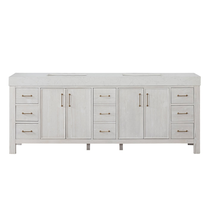 84-Inch Whisper Freestanding Vanity – Washed White Double Sink Cabinet with Soft-Close Drawers & Lightning White Top