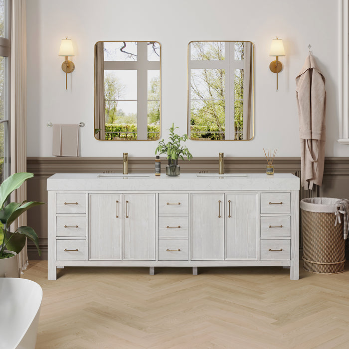 84-Inch Whisper Freestanding Vanity – Washed White Double Sink Cabinet with Soft-Close Drawers & Lightning White Top