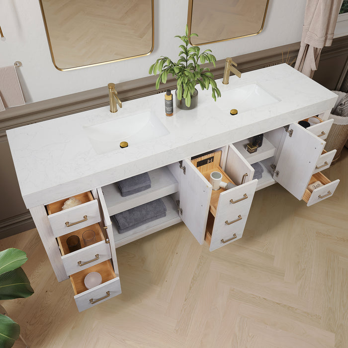 84-Inch Whisper Freestanding Vanity – Washed White Double Sink Cabinet with Soft-Close Drawers & Lightning White Top