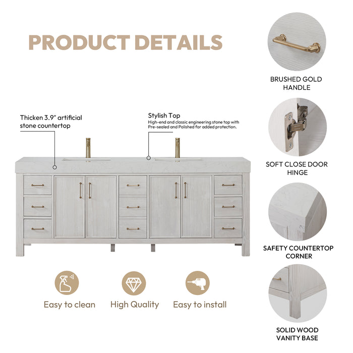 84 Inch Willow Double Vanity – Washed White Cabinet with Lightning White Countertop and Matching Mirror