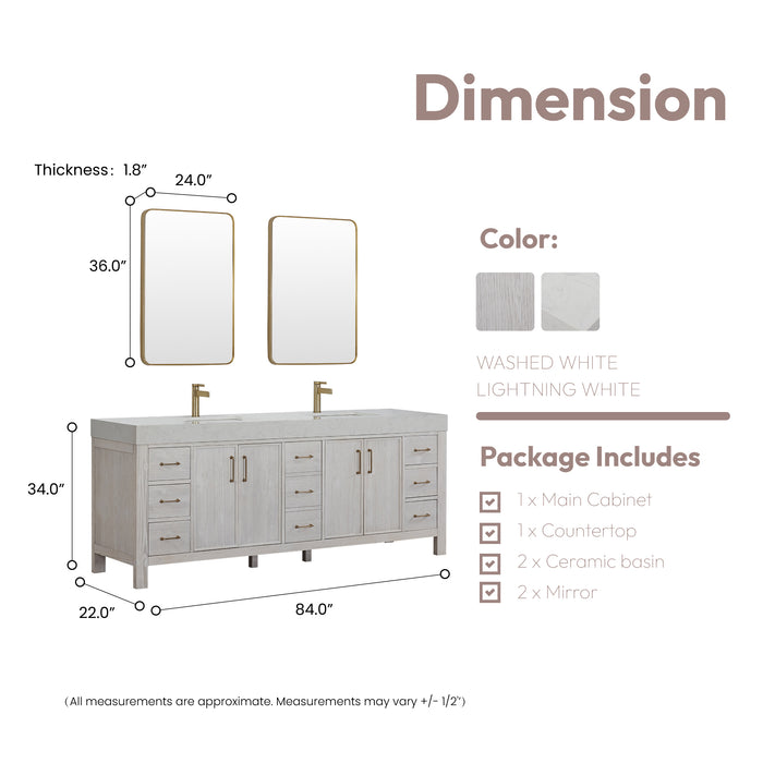 84 Inch Willow Double Vanity – Washed White Cabinet with Lightning White Countertop and Matching Mirror