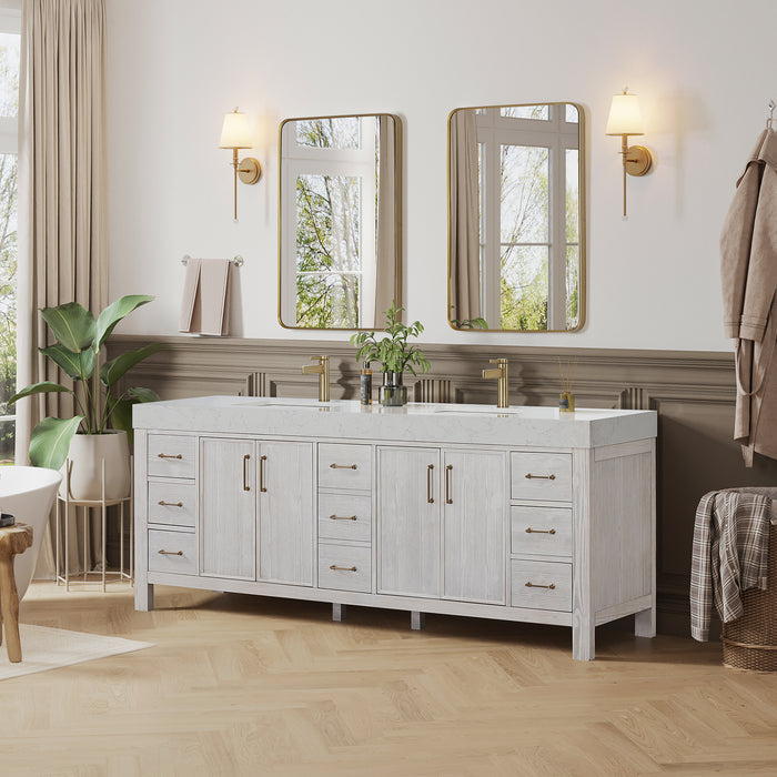 84 Inch Willow Double Vanity – Washed White Cabinet with Lightning White Countertop and Matching Mirror
