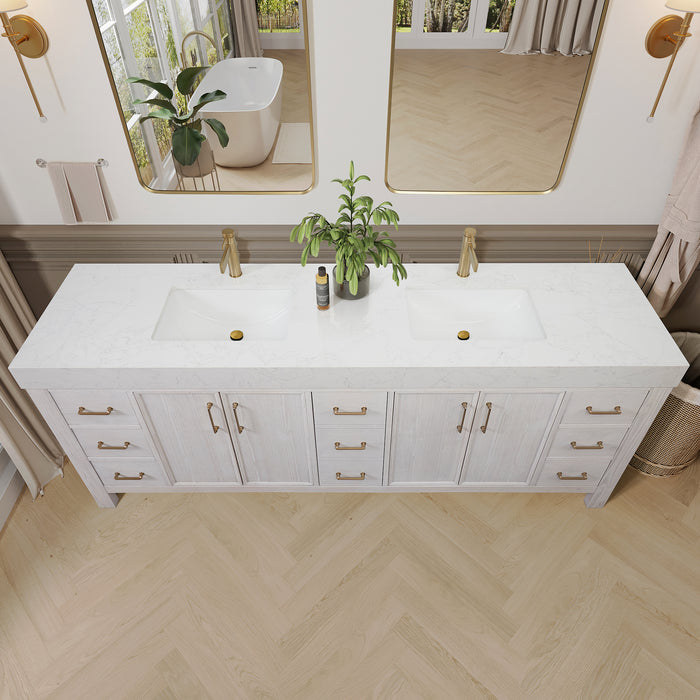 84 Inch Willow Double Vanity – Washed White Cabinet with Lightning White Countertop and Matching Mirror