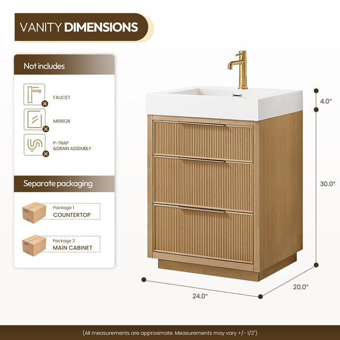 24 Inch Opal Vanity – Compact Ash Grey Bath Cabinet with Integrated White Stone Sink