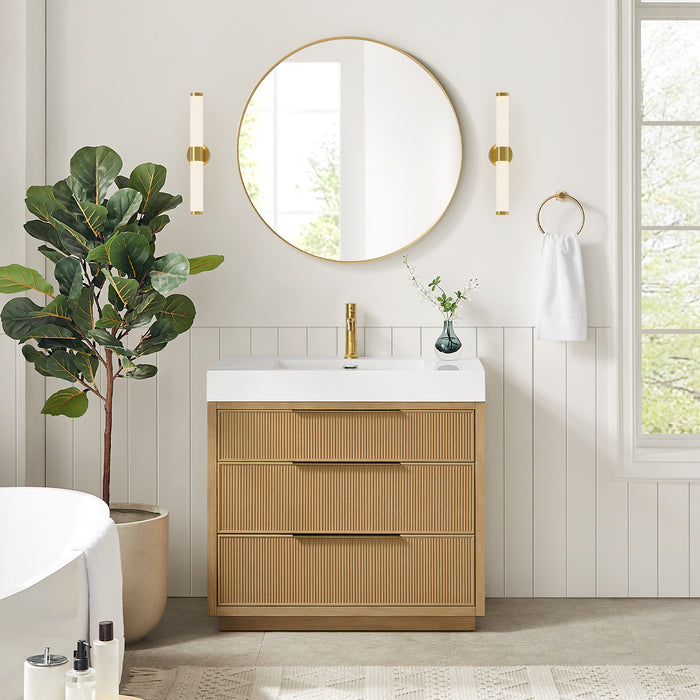 Hohhot 36" Free-standing Single Bath Vanity in Washed Ash Grey with White Integrated Stone Sink Top