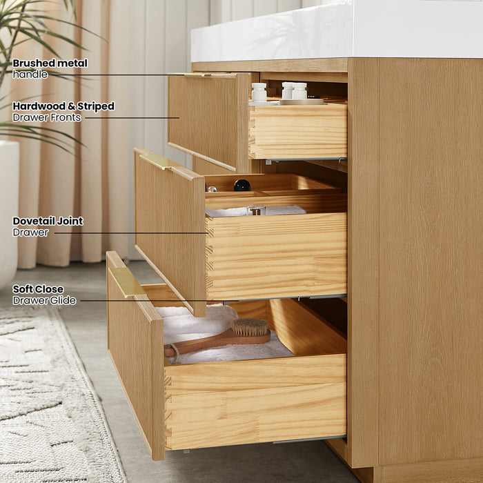 60 Inch Orenda Single Sink Bathroom Vanity – Ash Grey Wood Cabinet with Integrated White Stone Top