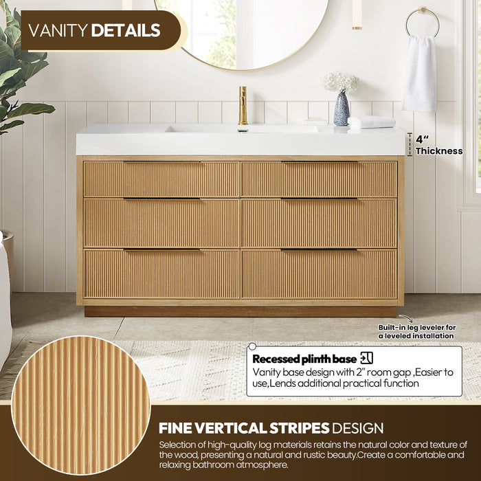 60 Inch Orenda Single Sink Bathroom Vanity – Ash Grey Wood Cabinet with Integrated White Stone Top