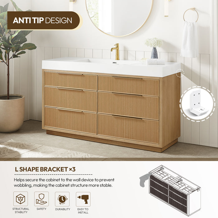 60 Inch Orenda Single Sink Bathroom Vanity – Ash Grey Wood Cabinet with Integrated White Stone Top