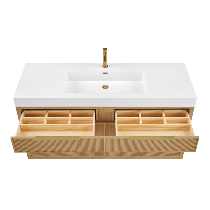60 Inch Orenda Single Sink Bathroom Vanity – Ash Grey Wood Cabinet with Integrated White Stone Top