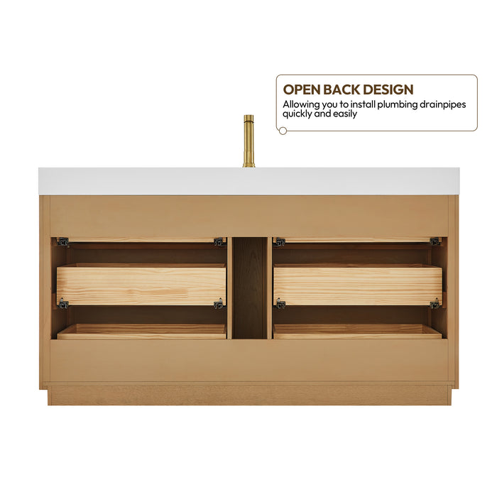 60 Inch Orenda Single Sink Bathroom Vanity – Ash Grey Wood Cabinet with Integrated White Stone Top