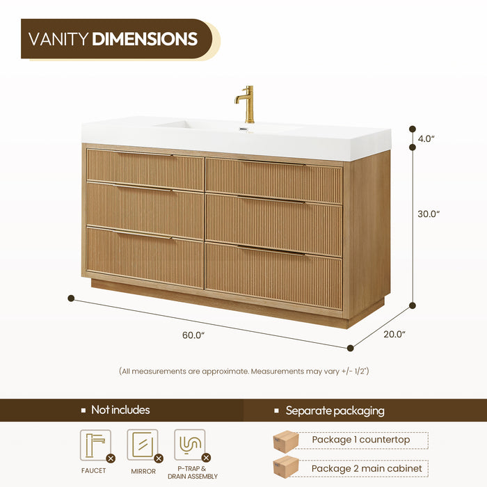60 Inch Orenda Single Sink Bathroom Vanity – Ash Grey Wood Cabinet with Integrated White Stone Top