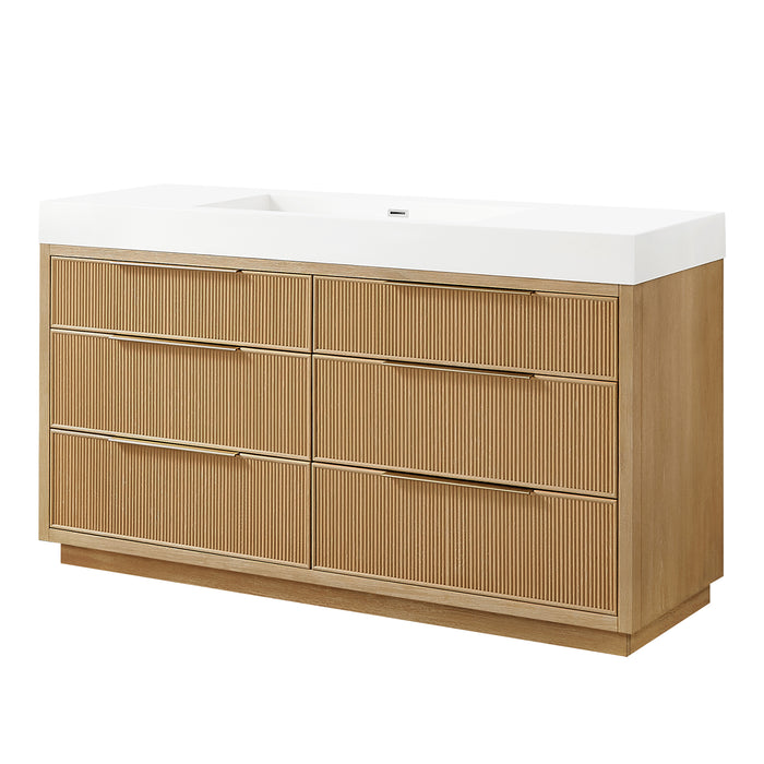 60 Inch Orenda Single Sink Bathroom Vanity – Ash Grey Wood Cabinet with Integrated White Stone Top