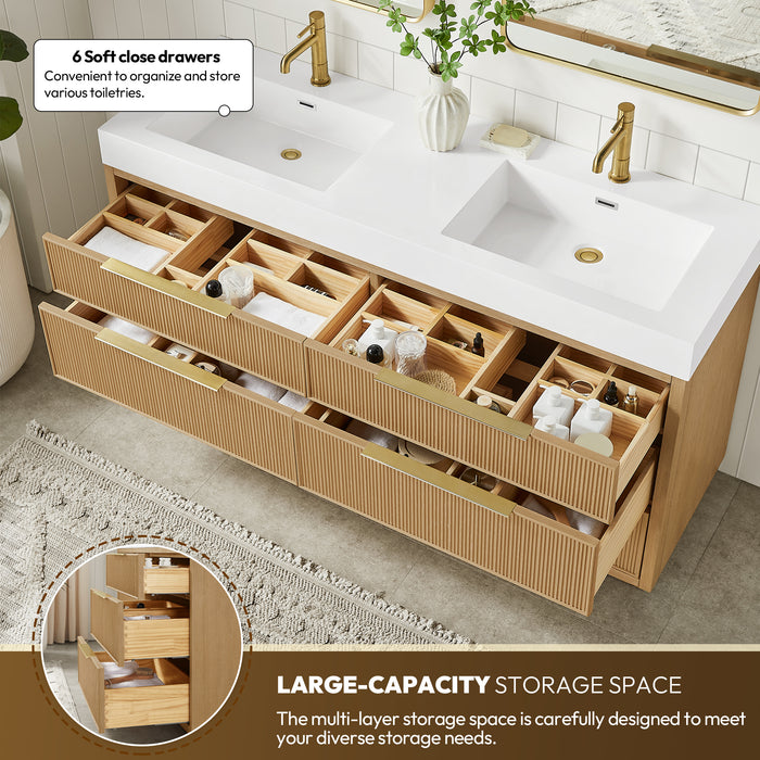 Hohhot 60M" Free-standing Double Bath Vanity in Washed Ash Grey with White Integrated Stone Sink Top