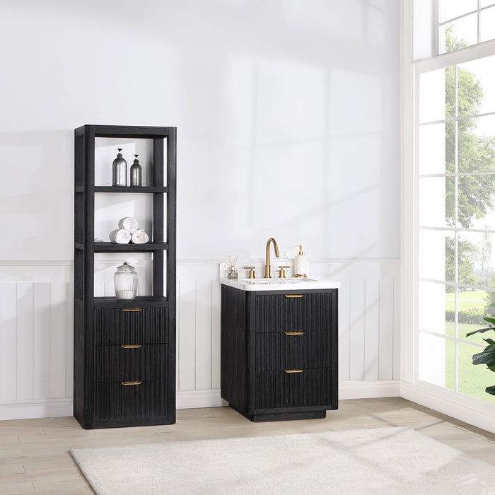 24-Inch Bloom Freestanding Bathroom Vanity – Compact Black Fir Wood withLightning White Countertop