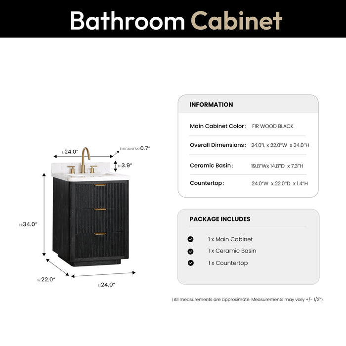 24-Inch Bloom Freestanding Bathroom Vanity – Compact Black Fir Wood withLightning White Countertop