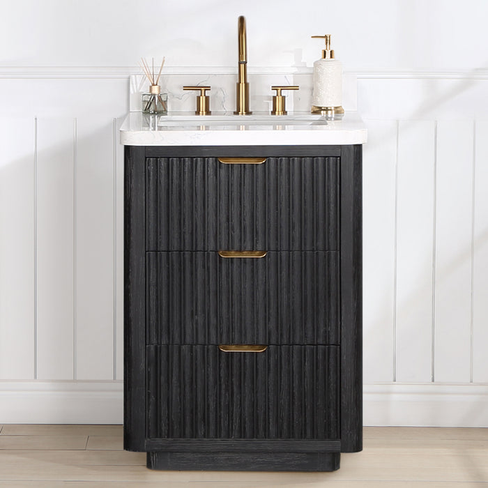 24-Inch Bloom Freestanding Bathroom Vanity – Compact Black Fir Wood withLightning White Countertop