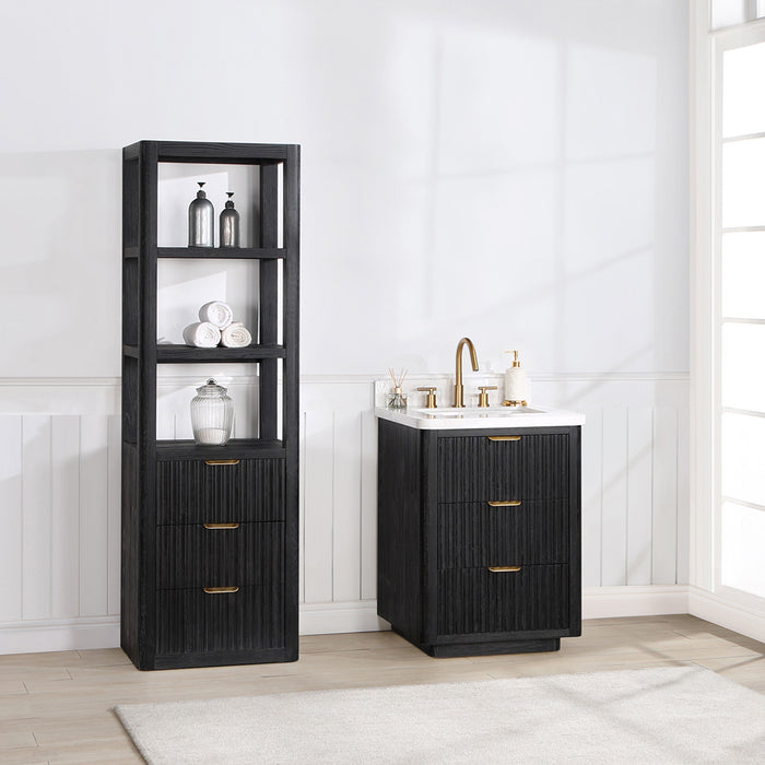 24-Inch Bloom Freestanding Bathroom Vanity – Compact Black Fir Wood withLightning White Countertop