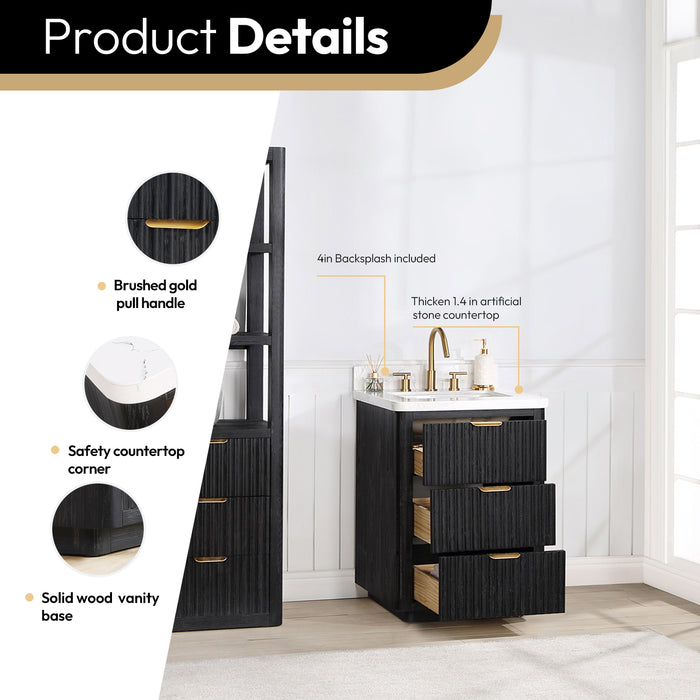 24-Inch Bloom Freestanding Bathroom Vanity – Compact Black Fir Wood withLightning White Countertop