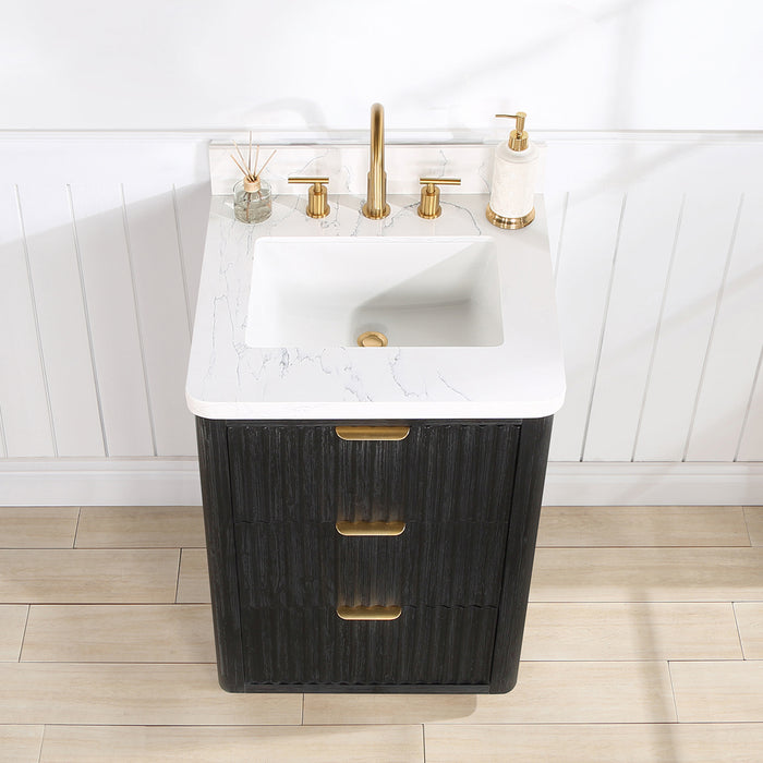 24-Inch Bloom Freestanding Bathroom Vanity – Compact Black Fir Wood withLightning White Countertop