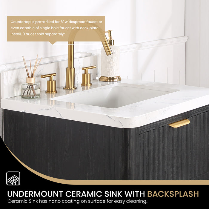 24-Inch Bloom Freestanding Bathroom Vanity – Compact Black Fir Wood withLightning White Countertop