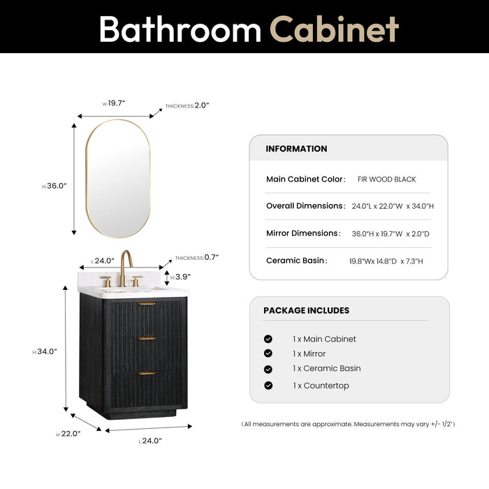 24 Inch Boheme Freestanding Vanity Set – Black Fir Cabinet with White Composite Counter & Mirror Included