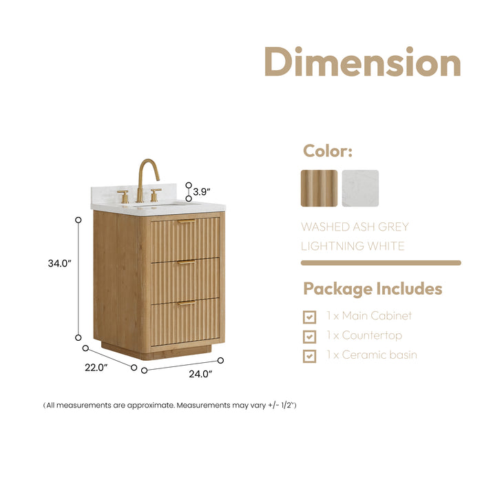 Cádiz 24in. Free-standing Single Bathroom Vanity in Washed Ash Grey with Composite top in Lightning White
