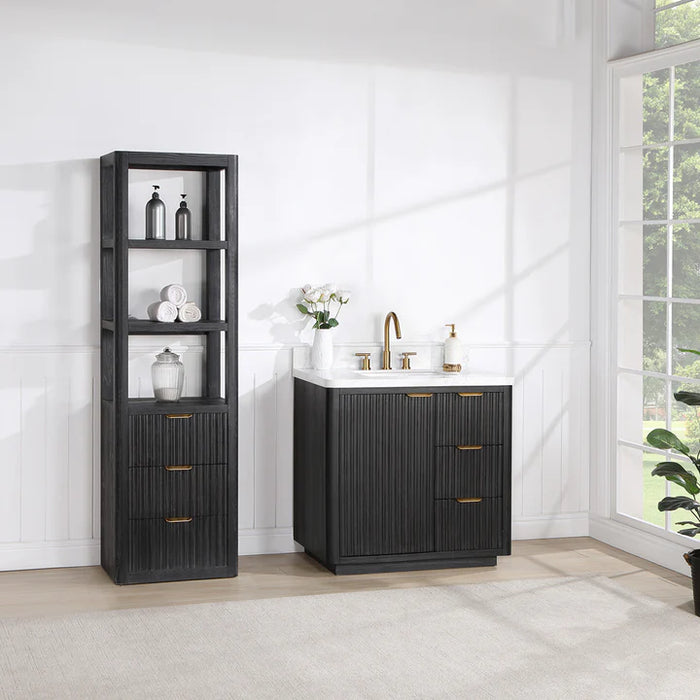 36-Inch Birch Black Fir Wood Freestanding Bathroom Vanity Set with Lightning White Top & Framed Mirror