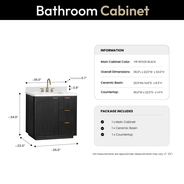 36 Inch Clove Black Fir Wood Bathroom Vanity Freestanding Lightning White Top
