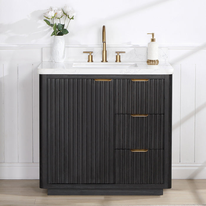 36 Inch Clove Black Fir Wood Bathroom Vanity Freestanding Lightning White Top