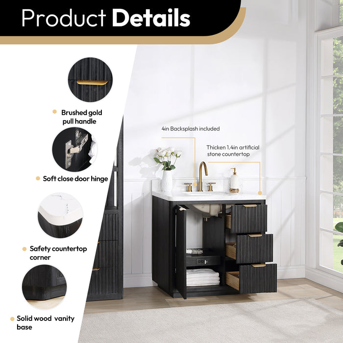 36 Inch Clove Black Fir Wood Bathroom Vanity Freestanding Lightning White Top