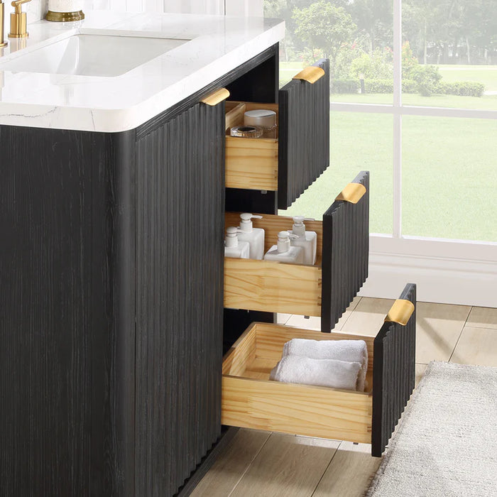 36-Inch Birch Black Fir Wood Freestanding Bathroom Vanity Set with Lightning White Top & Framed Mirror