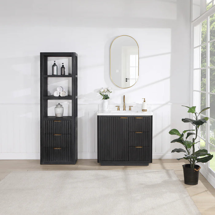 36-Inch Birch Black Fir Wood Freestanding Bathroom Vanity Set with Lightning White Top & Framed Mirror