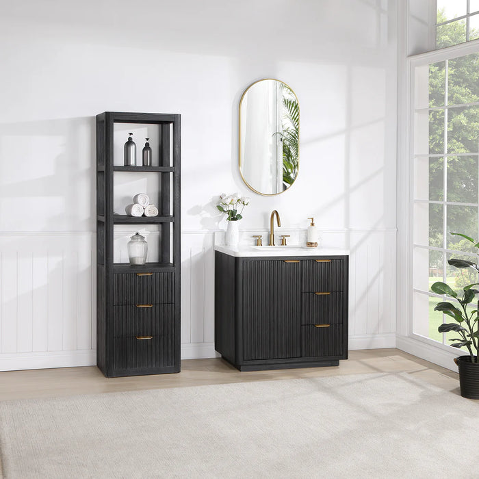 36-Inch Birch Black Fir Wood Freestanding Bathroom Vanity Set with Lightning White Top & Framed Mirror