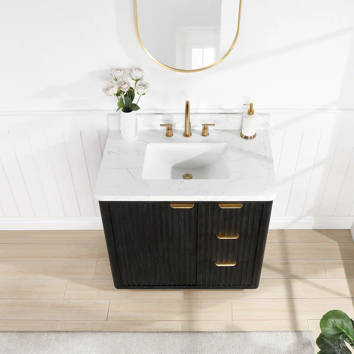 36-Inch Birch Black Fir Wood Freestanding Bathroom Vanity Set with Lightning White Top & Framed Mirror
