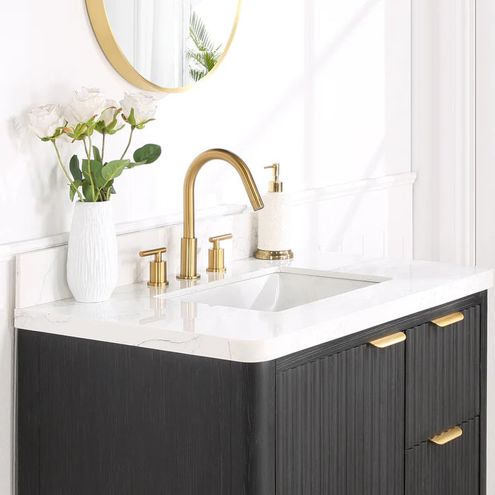 36-Inch Birch Black Fir Wood Freestanding Bathroom Vanity Set with Lightning White Top & Framed Mirror