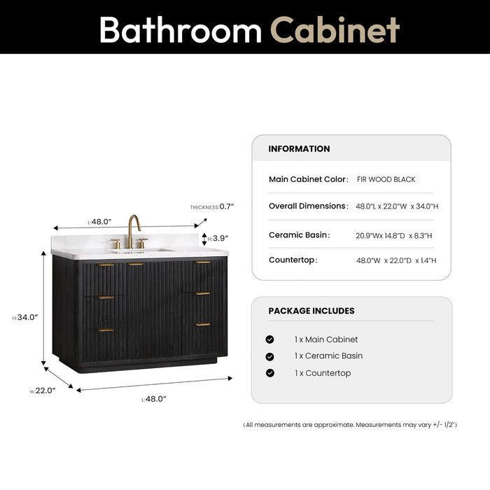 Cádiz 48in. Free-standing Single Bathroom Vanity in Fir Wood Black with Composite top in Lightning White