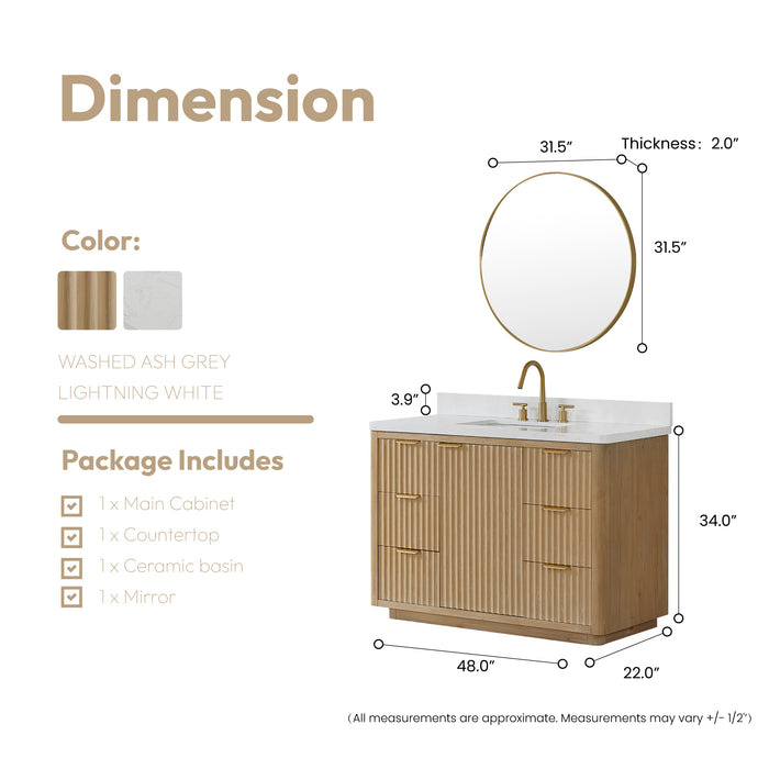 48-Inch Dawn Freestanding Vanity Set – Ash Grey Cabinet with Lightning White Composite Counter & Mirror