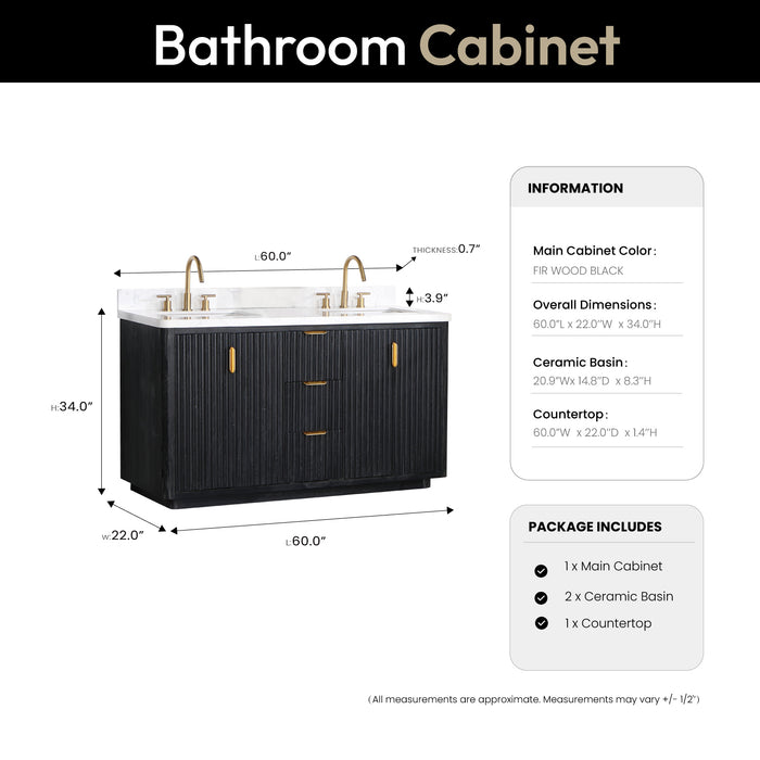 60-Inch Dune Bathroom Vanity – Black Fir Finish with Dual Sink & White Composite Countertop