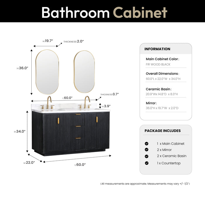60-Inch Echo Double Vanity Set – Black Fir Wood with White Composite Countertop Dual Sinks & Mirror