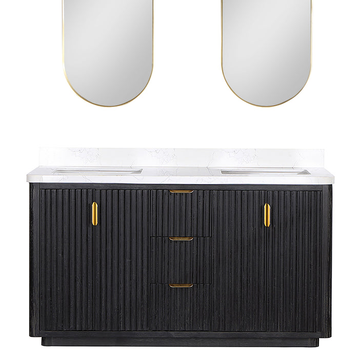 60-Inch Echo Double Vanity Set – Black Fir Wood with White Composite Countertop Dual Sinks & Mirror