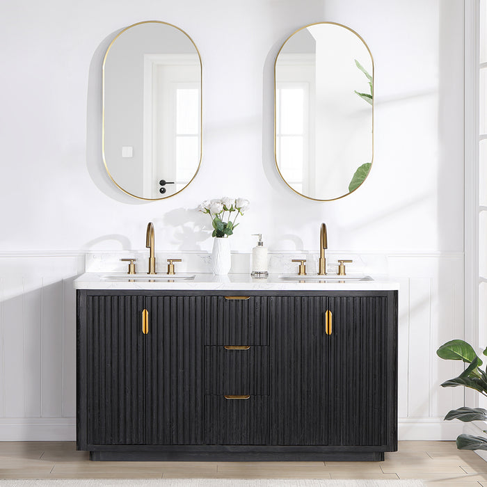 60-Inch Echo Double Vanity Set – Black Fir Wood with White Composite Countertop Dual Sinks & Mirror
