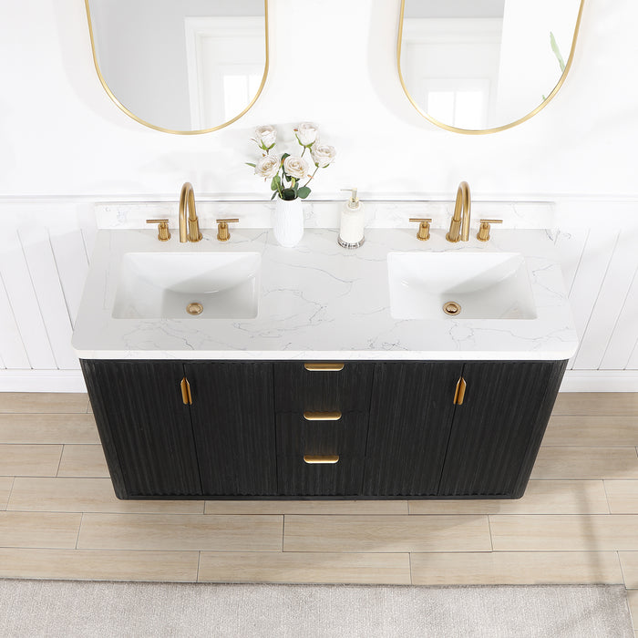 60-Inch Echo Double Vanity Set – Black Fir Wood with White Composite Countertop Dual Sinks & Mirror