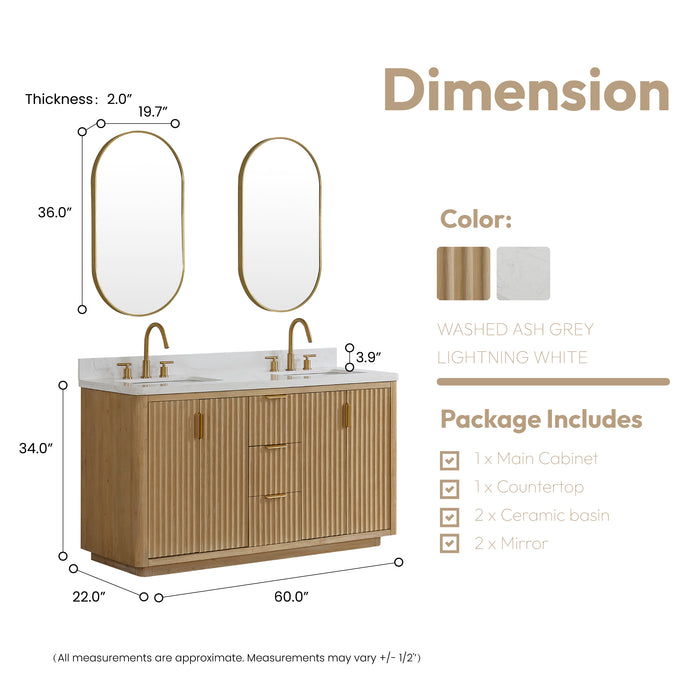 60-Inch Celeste Double Vanity – Grey Finish with Lightning White Top & Dual Sink with Matching Mirror